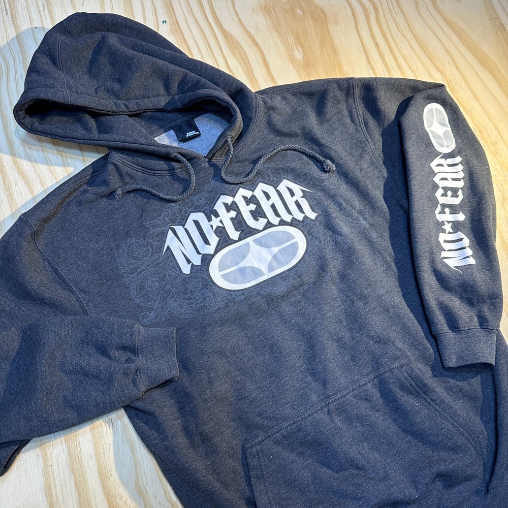 No Fear Mens Charcoal Gray Graphic Pullover Hoodie Size M Streetwear Skater
